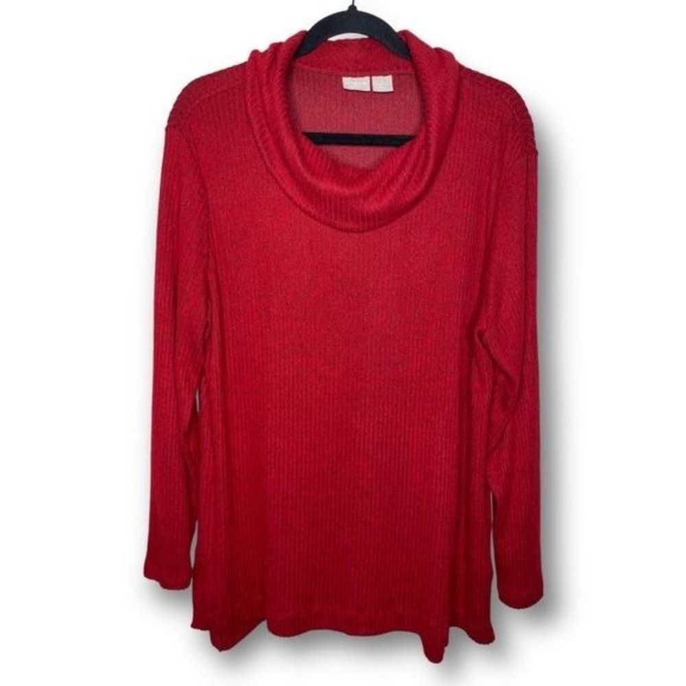 Chicos Zenergy Size 12/14 Red Cowl Neck Flowy Soft Ribbed Relaxed Fit Sweater